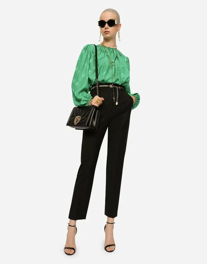 Dolce and Gabbana Shirts And Tops Women Silk Blouse With Allover DG Logo Green