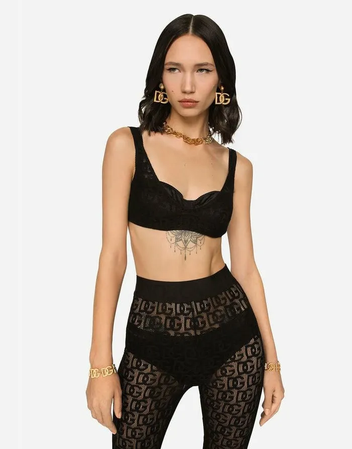 Dolce and Gabbana Shirts And Tops Women Tulle Jacquard Top With Allover DG Logo Black Dolce and Gabbana Shirts And Tops Women Tulle Jacquard Top With Allover DG Logo Black