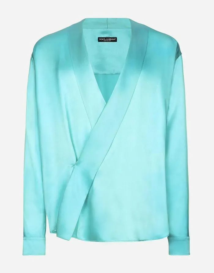 Dolce and Gabbana Shirts Men Oversize Silk Satin Shirt Azure
