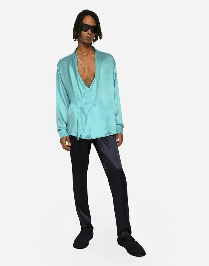 Dolce and Gabbana Shirts Men Oversize Silk Satin Shirt Azure Dolce and Gabbana Shirts Men Oversize Silk Satin Shirt Azure