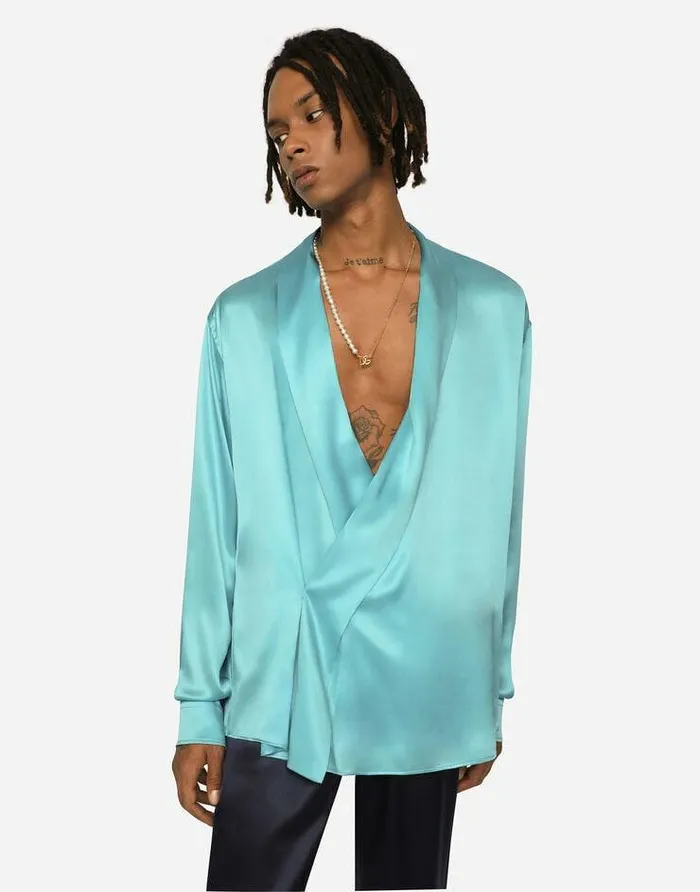 Dolce and Gabbana Shirts Men Oversize Silk Satin Shirt Azure Dolce and Gabbana Shirts Men Oversize Silk Satin Shirt Azure