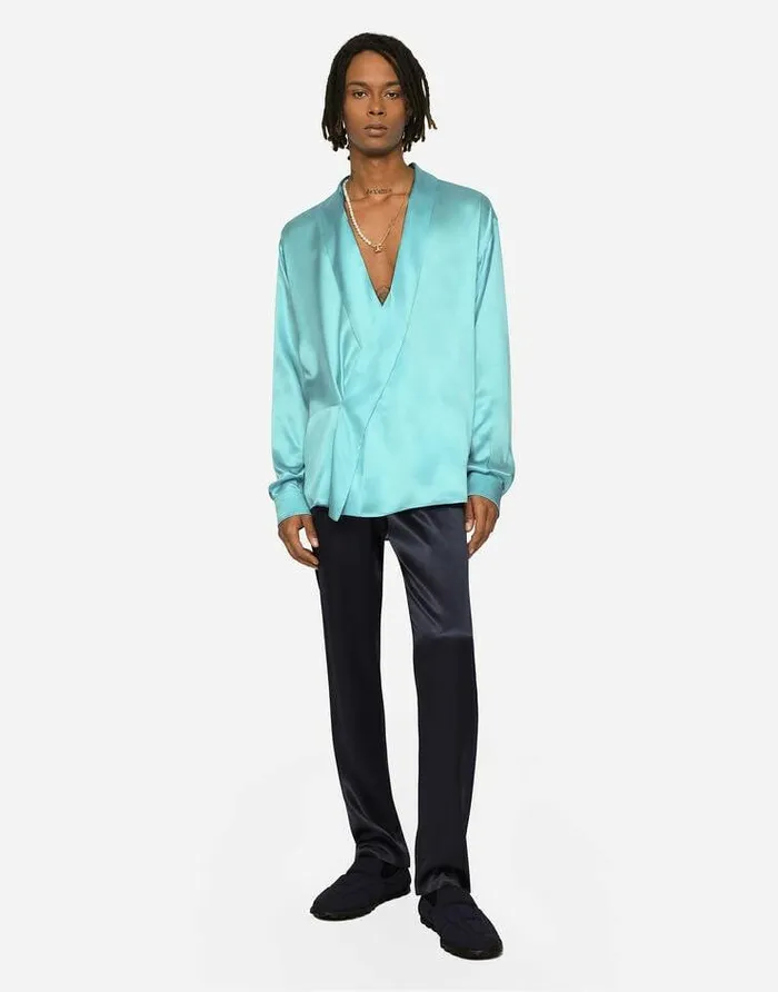 Dolce and Gabbana Shirts Men Oversize Silk Satin Shirt Azure Dolce and Gabbana Shirts Men Oversize Silk Satin Shirt Azure