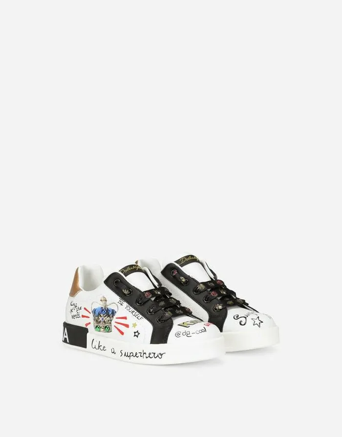 Dolce and Gabbana Shoes 2438 Children Calfskin Portofino DG King Sneakers Multicolor