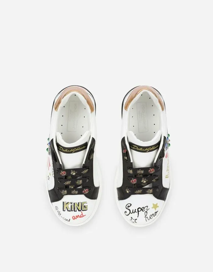 Dolce and Gabbana Shoes 2438 Children Calfskin Portofino DG King Sneakers Multicolor