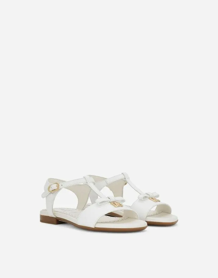 Dolce and Gabbana Shoes 2438 Children Patent Leather Sandals With Metal DG Logo White
