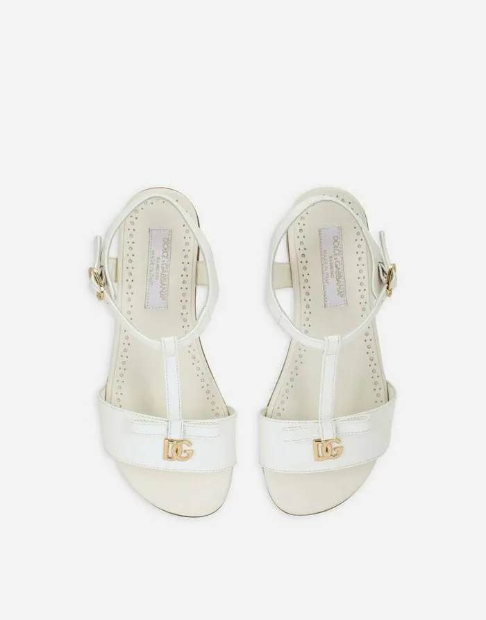 Dolce and Gabbana Shoes 2438 Children Patent Leather Sandals With Metal DG Logo White