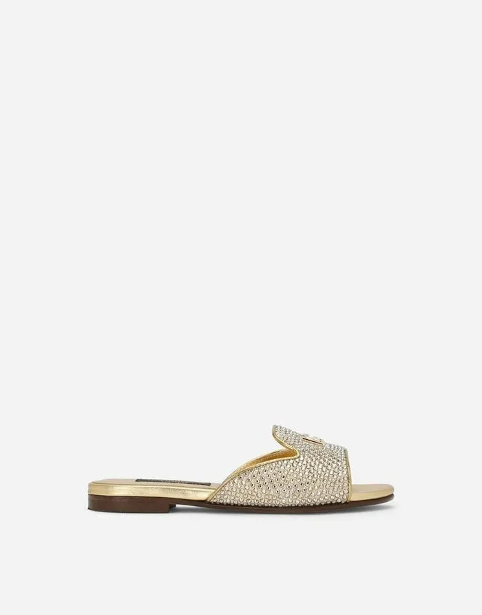 Dolce and Gabbana Shoes 2438 Children Satin DG Logo Sliders With Fusible Rhinestones Gold Dolce and Gabbana Shoes 2438 Children Satin DG Logo Sliders With Fusible Rhinestones Gold