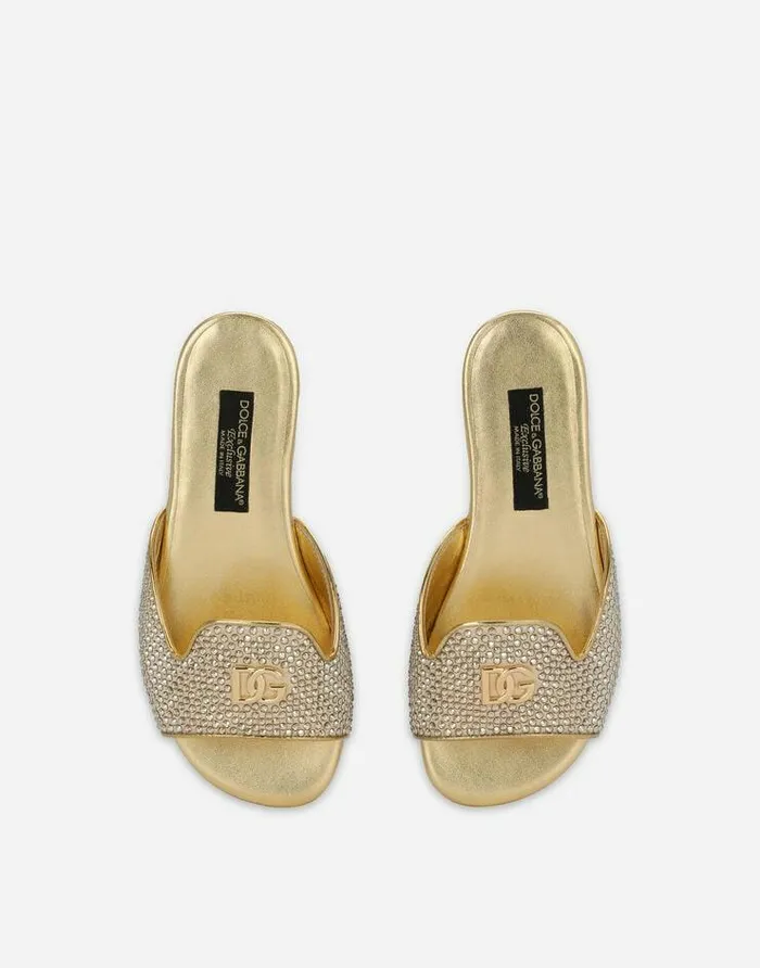 Dolce and Gabbana Shoes 2438 Children Satin DG Logo Sliders With Fusible Rhinestones Gold Dolce and Gabbana Shoes 2438 Children Satin DG Logo Sliders With Fusible Rhinestones Gold