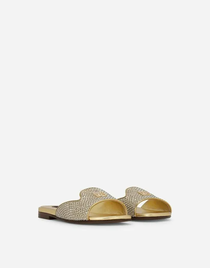 Dolce and Gabbana Shoes 2438 Children Satin DG Logo Sliders With Fusible Rhinestones Gold Dolce and Gabbana Shoes 2438 Children Satin DG Logo Sliders With Fusible Rhinestones Gold