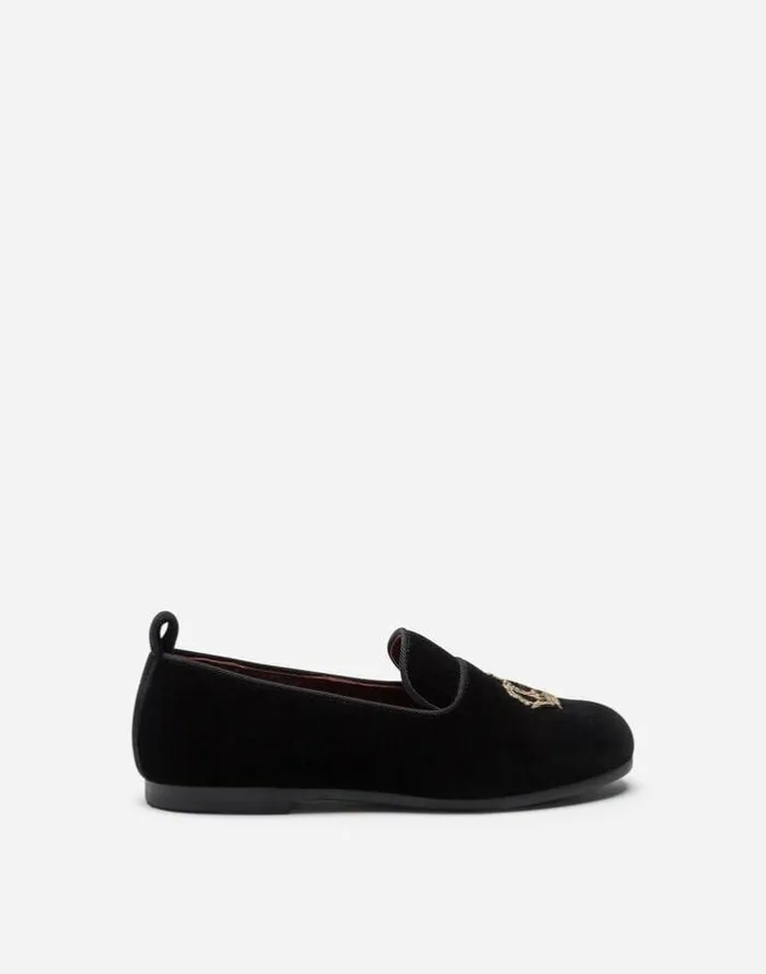 Dolce and Gabbana Shoes 2438 Children Velvet Slippers With Crown Patch Black