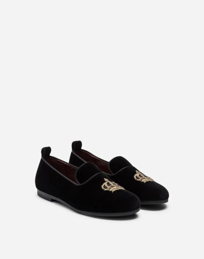 Dolce and Gabbana Shoes 2438 Children Velvet Slippers With Crown Patch Black Dolce and Gabbana Shoes 2438 Children Velvet Slippers With Crown Patch Black