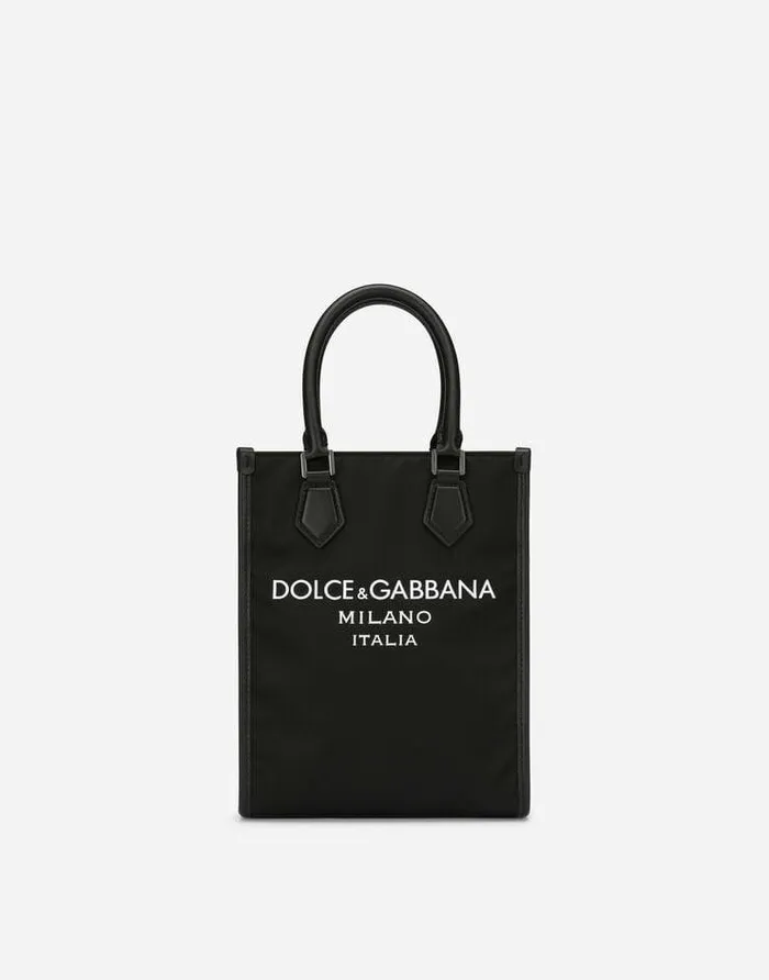 Dolce and Gabbana Shoppers Men Small Nylon Bag With Rubberized Logo Black