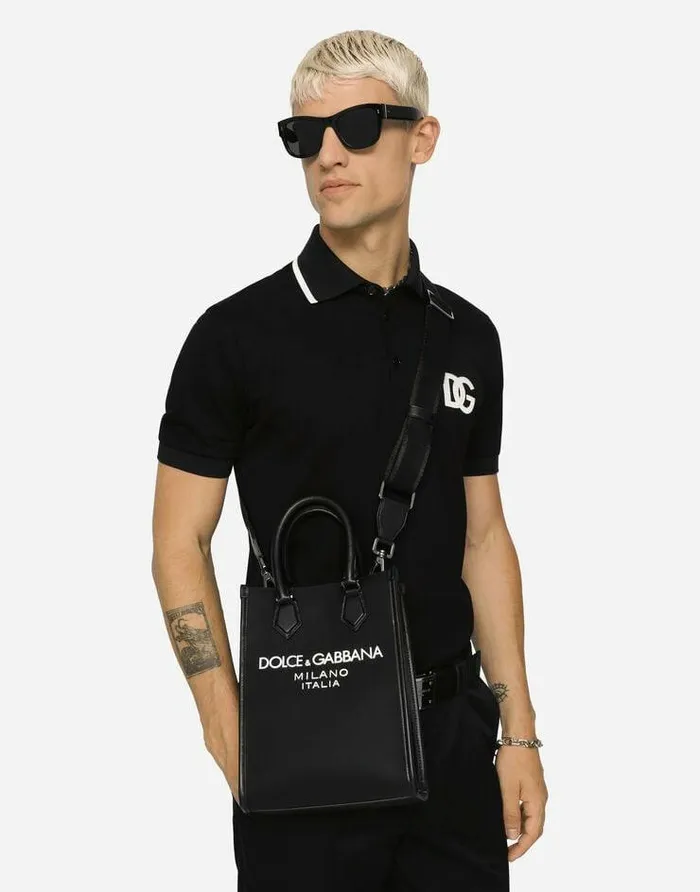Dolce and Gabbana Shoppers Men Small Nylon Bag With Rubberized Logo Black Dolce and Gabbana Shoppers Men Small Nylon Bag With Rubberized Logo Black