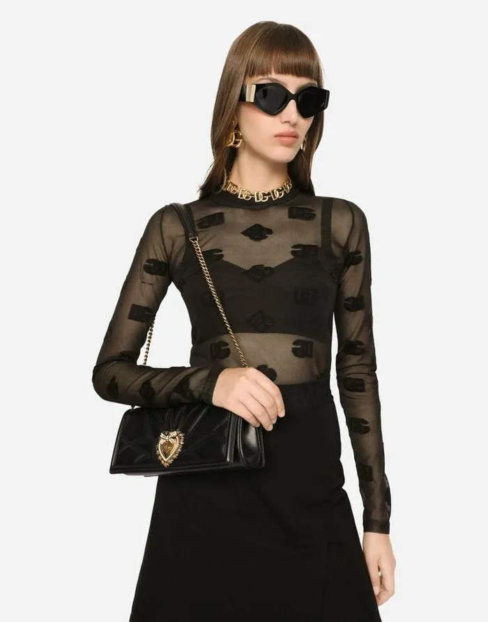 Dolce and Gabbana Shoulder And Crossbody Bags Women Quilted Nappa Leather Devotion Baguette Bag Black