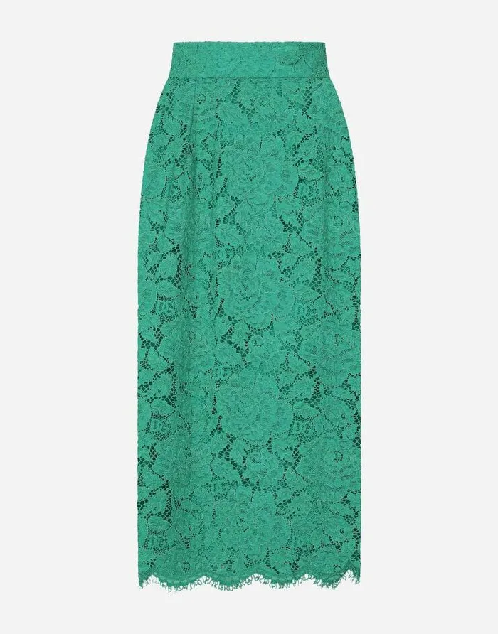 Dolce and Gabbana Skirts Women Branded Stretch Lace Midi Skirt Green