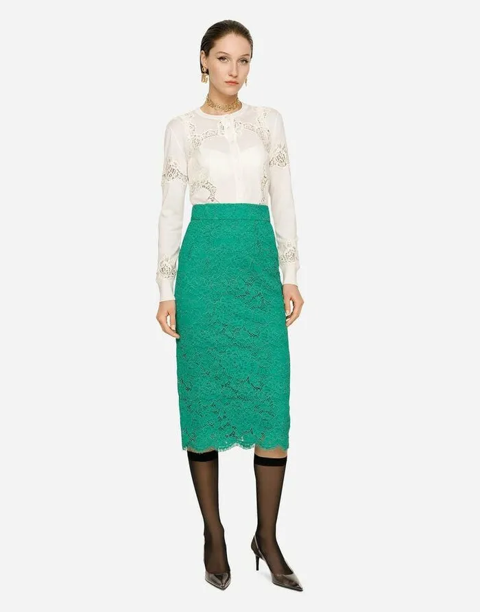 Dolce and Gabbana Skirts Women Branded Stretch Lace Midi Skirt Green Dolce and Gabbana Skirts Women Branded Stretch Lace Midi Skirt Green