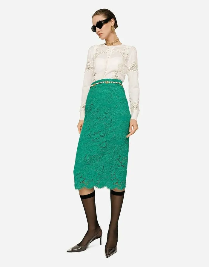 Dolce and Gabbana Skirts Women Branded Stretch Lace Midi Skirt Green Dolce and Gabbana Skirts Women Branded Stretch Lace Midi Skirt Green