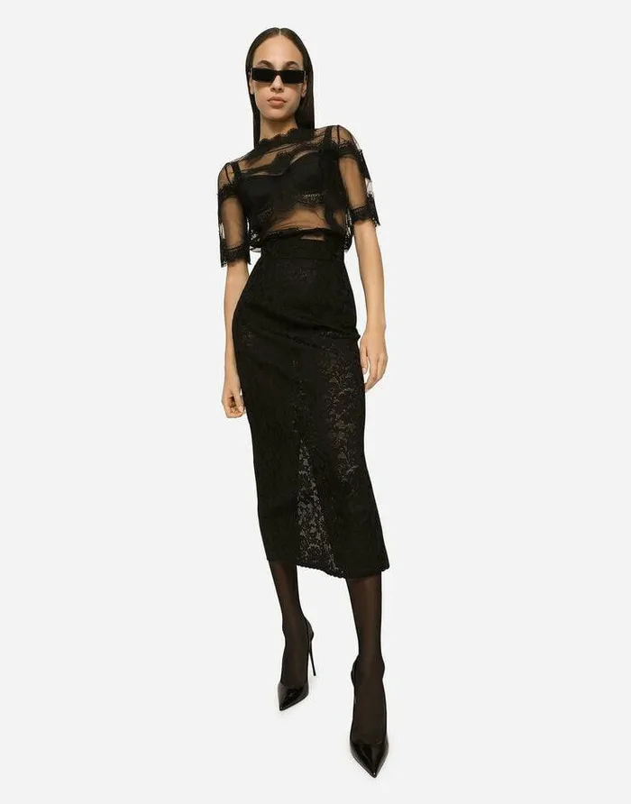 Dolce and Gabbana Skirts Women Lacestitch Calflength Skirt Black Dolce and Gabbana Skirts Women Lacestitch Calflength Skirt Black