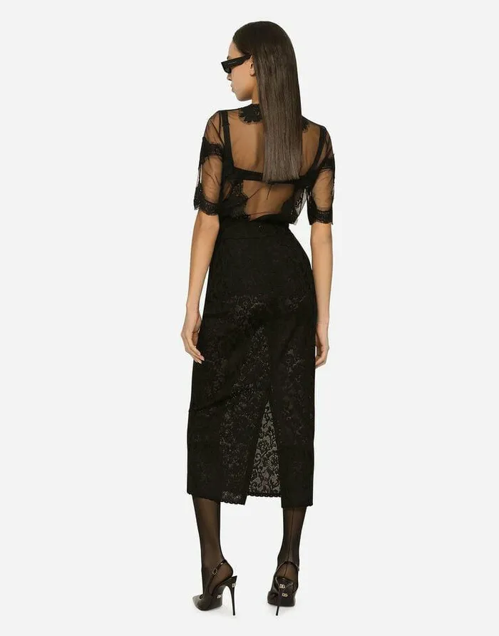 Dolce and Gabbana Skirts Women Lacestitch Calflength Skirt Black Dolce and Gabbana Skirts Women Lacestitch Calflength Skirt Black
