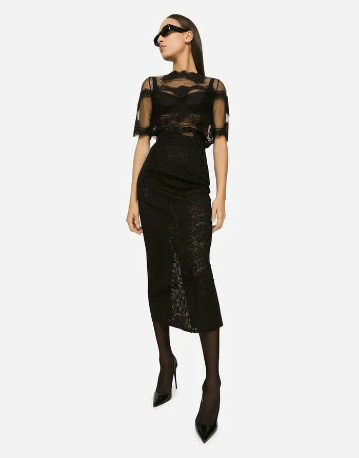 Dolce and Gabbana Skirts Women Lacestitch Calflength Skirt Black Dolce and Gabbana Skirts Women Lacestitch Calflength Skirt Black