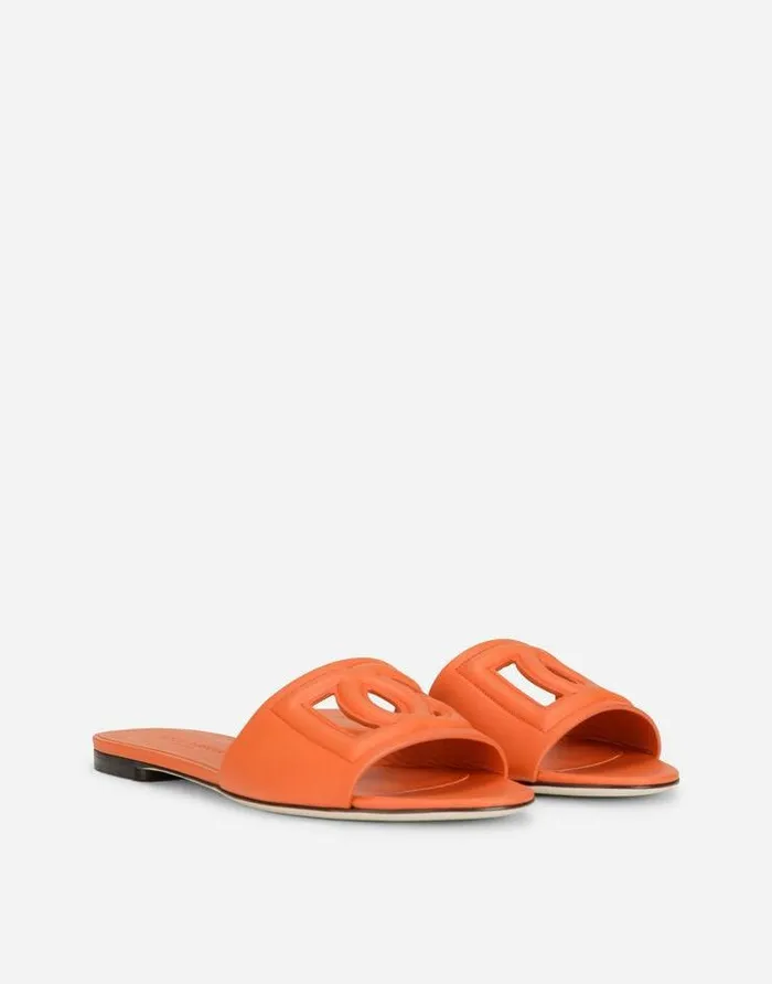 Dolce and Gabbana Slides And Mules Women Calfskin Sliders With DG Logo Orange Dolce and Gabbana Slides And Mules Women Calfskin Sliders With DG Logo Orange