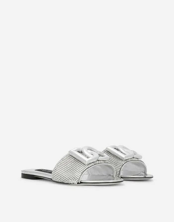 Dolce and Gabbana Slides And Mules Women Crystal Mesh Sliders With DG Logo Multicolor
