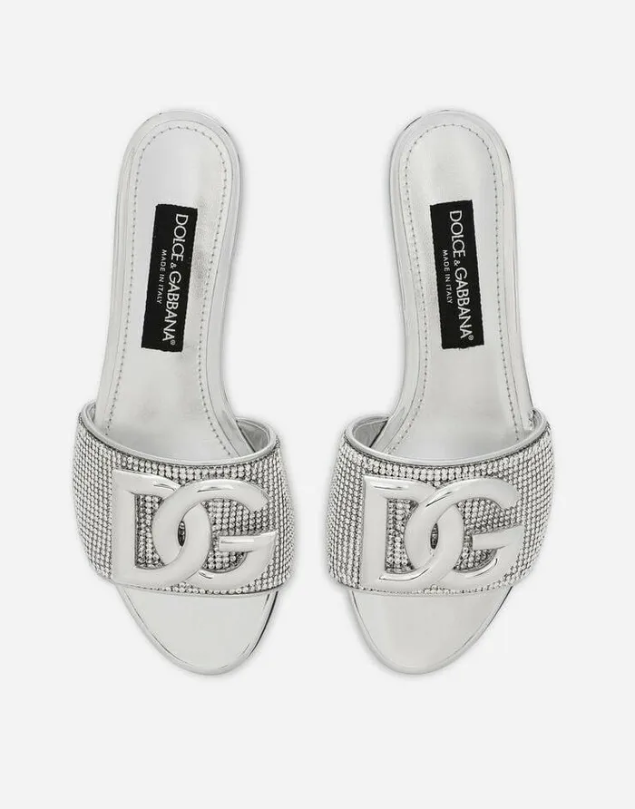 Dolce and Gabbana Slides And Mules Women Crystal Mesh Sliders With DG Logo Multicolor