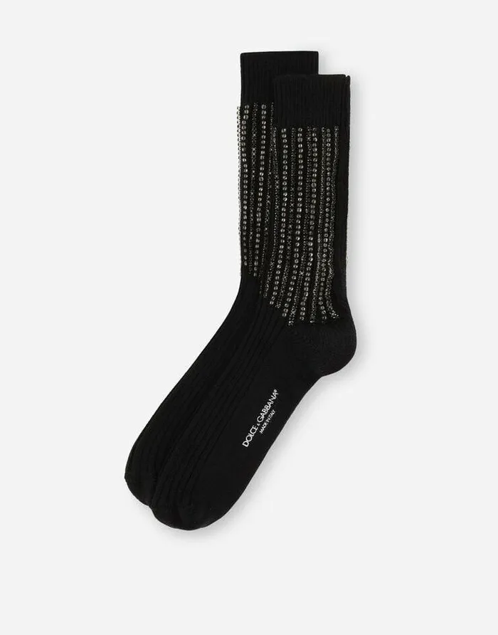 Dolce and Gabbana Socks Men Finerib Cotton And Wool Socks With Embroidery Multicolor