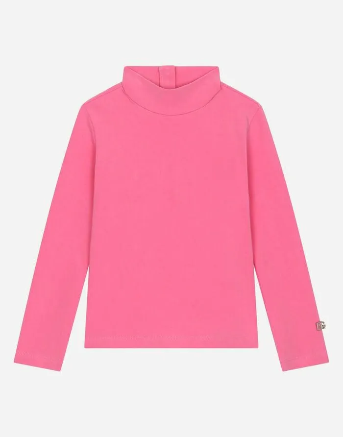 Dolce and Gabbana Sweaters Children Interlock Tshirt With Metal DG Logo Pink