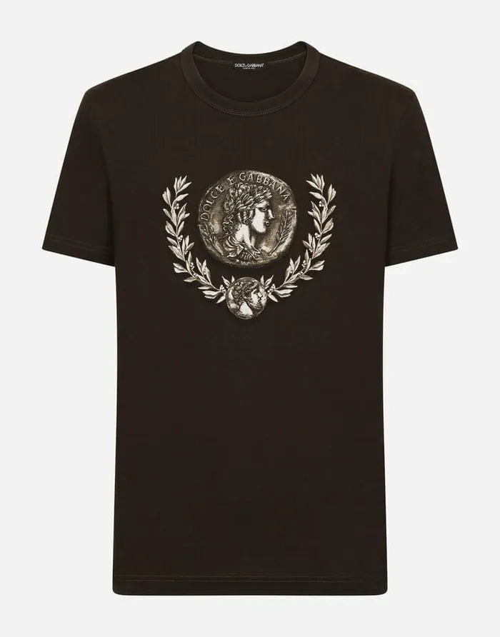 Dolce and Gabbana TShirts And Polos Men Coin And Laurel Print Cotton Tshirt Brown