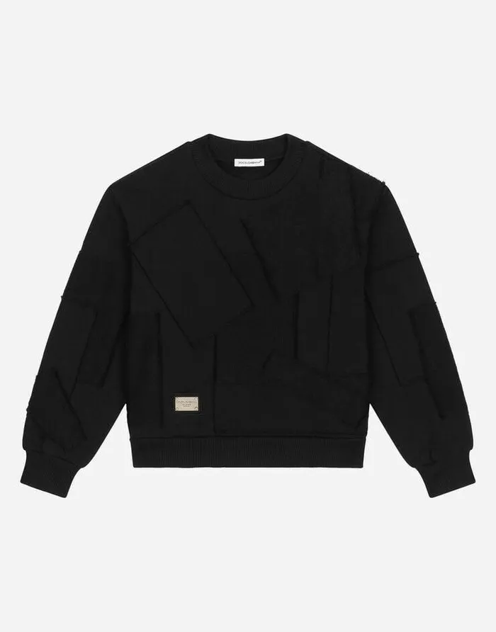 Dolce and Gabbana TShirts And Sweatshirts Children Jersey Roundneck Sweatshirt With Patchwork Black Dolce and Gabbana TShirts And Sweatshirts Children Jersey Roundneck Sweatshirt With Patchwork Black