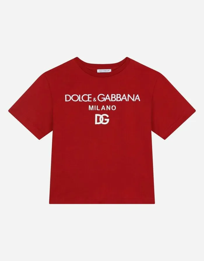 Dolce and Gabbana TShirts And Sweatshirts Children Jersey Roundneck Tshirt With DG Milano Embroidery Red