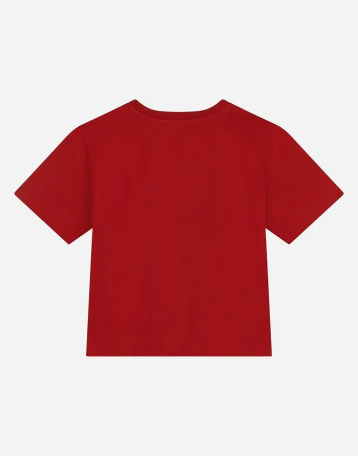 Dolce and Gabbana TShirts And Sweatshirts Children Jersey Roundneck Tshirt With DG Milano Embroidery Red