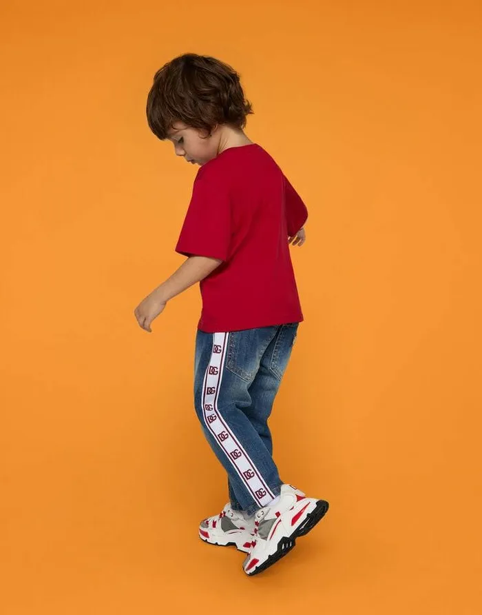 Dolce and Gabbana TShirts And Sweatshirts Children Jersey Roundneck Tshirt With DG Milano Embroidery Red