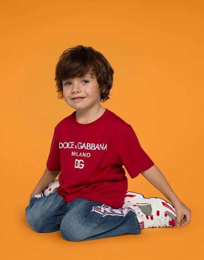 Dolce and Gabbana TShirts And Sweatshirts Children Jersey Roundneck Tshirt With DG Milano Embroidery Red