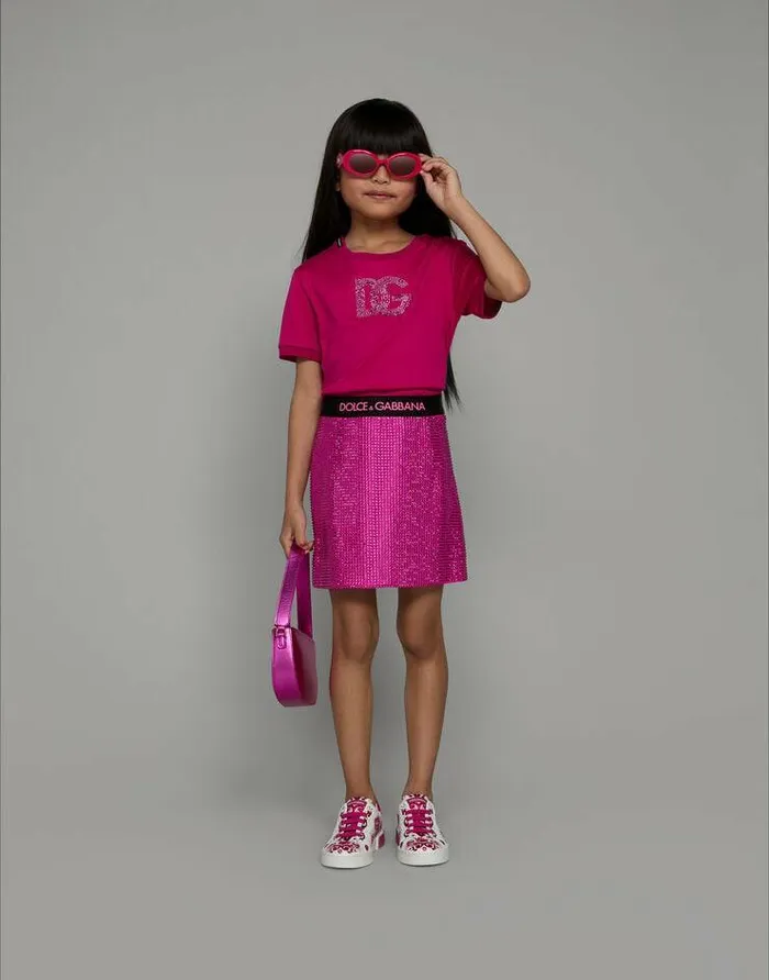 Dolce and Gabbana TShirts And Sweatshirts Children Jersey Tshirt With Rhinestone Logo Fuchsia