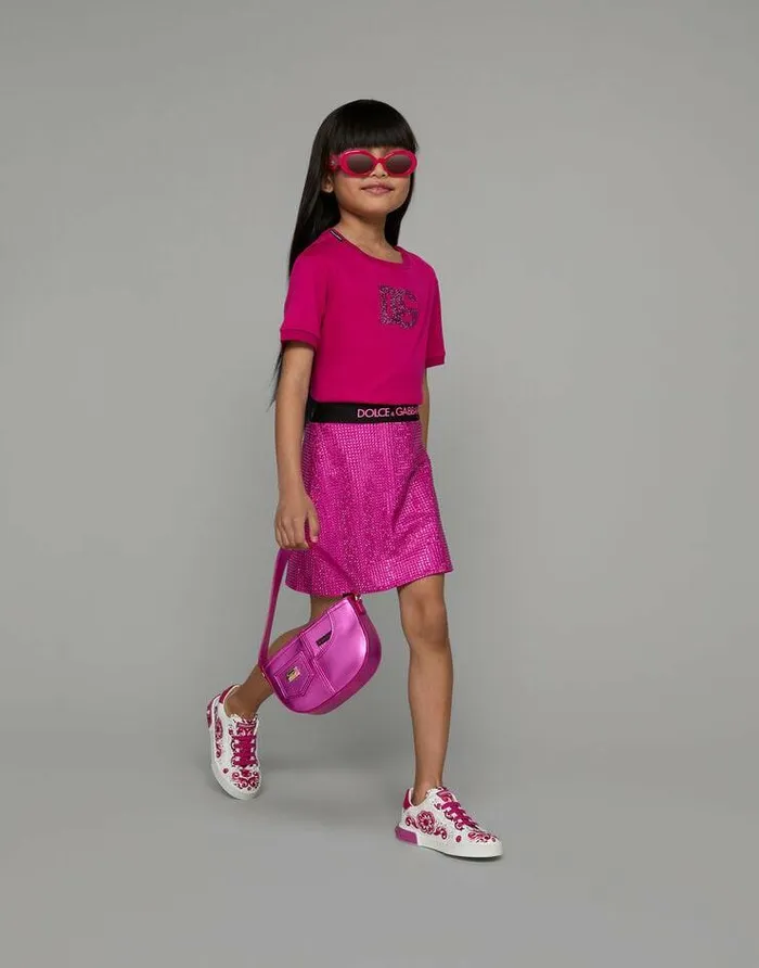 Dolce and Gabbana TShirts And Sweatshirts Children Jersey Tshirt With Rhinestone Logo Fuchsia