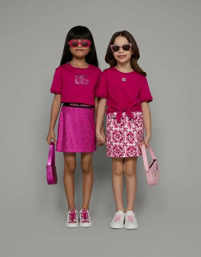Dolce and Gabbana TShirts And Sweatshirts Children Jersey Tshirt With Rhinestone Logo Fuchsia