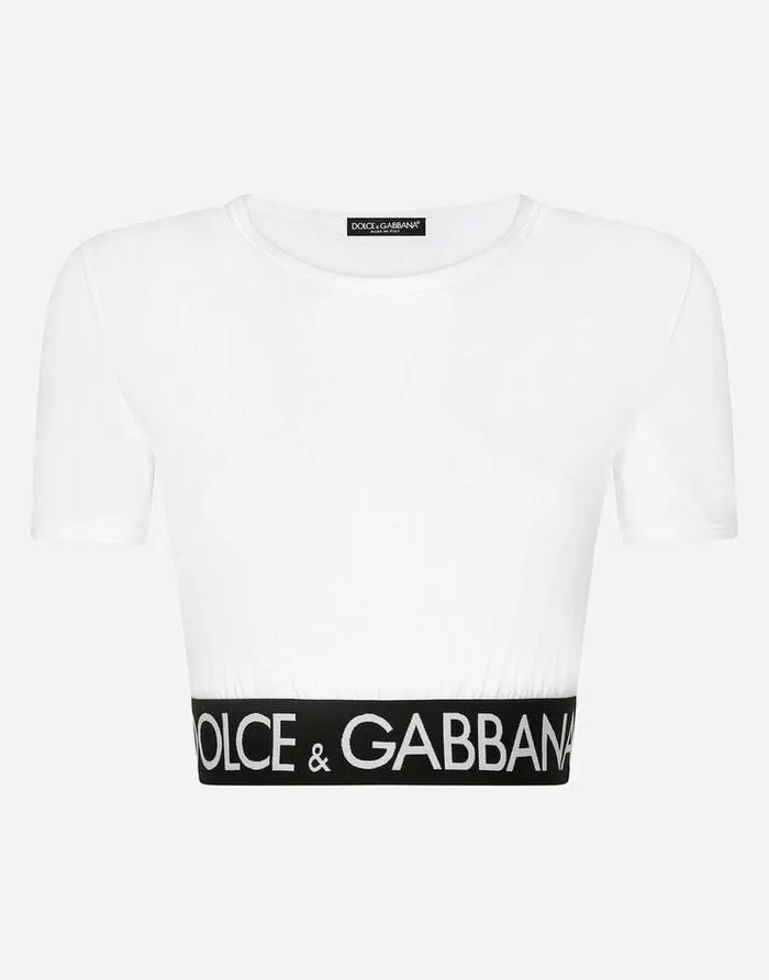 Dolce and Gabbana TShirts And Sweatshirts Women Cropped Jersey Tshirt With Branded Elastic White Dolce and Gabbana TShirts And Sweatshirts Women Cropped Jersey Tshirt With Branded Elastic White