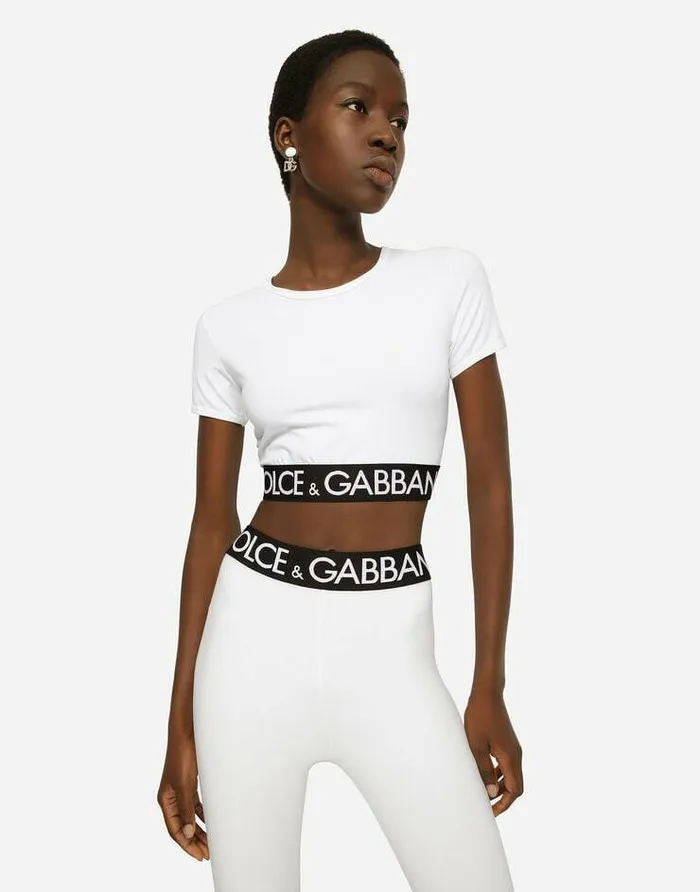 Dolce and Gabbana TShirts And Sweatshirts Women Cropped Jersey Tshirt With Branded Elastic White Dolce and Gabbana TShirts And Sweatshirts Women Cropped Jersey Tshirt With Branded Elastic White