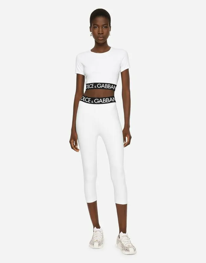 Dolce and Gabbana TShirts And Sweatshirts Women Cropped Jersey Tshirt With Branded Elastic White Dolce and Gabbana TShirts And Sweatshirts Women Cropped Jersey Tshirt With Branded Elastic White