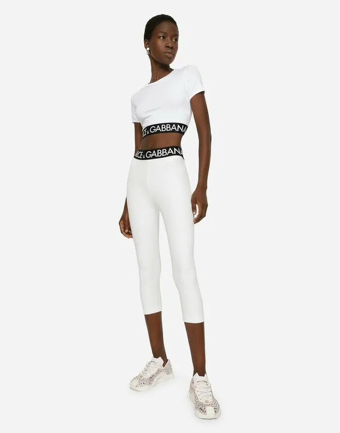 Dolce and Gabbana TShirts And Sweatshirts Women Cropped Jersey Tshirt With Branded Elastic White Dolce and Gabbana TShirts And Sweatshirts Women Cropped Jersey Tshirt With Branded Elastic White