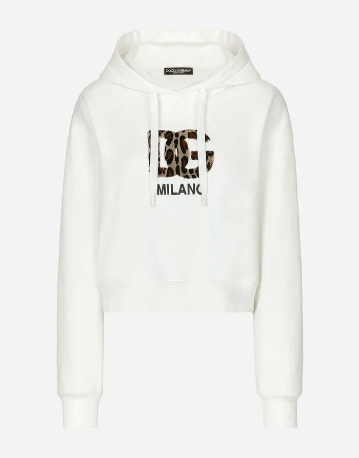 Dolce and Gabbana TShirts And Sweatshirts Women Jersey Hoodie With Carpetstitch DG Patch White Dolce and Gabbana TShirts And Sweatshirts Women Jersey Hoodie With Carpetstitch DG Patch White