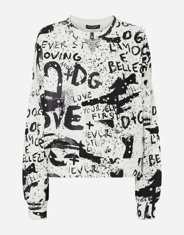 Dolce and Gabbana TShirts And Sweatshirts Women Jersey Sweatshirt With DG Graffiti Print With Pearl And Stud Embellishment Multicolor Dolce and Gabbana TShirts And Sweatshirts Women Jersey Sweatshirt With DG Graffiti Print With Pearl And Stud Embellishment Multicolor
