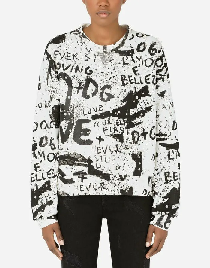 Dolce and Gabbana TShirts And Sweatshirts Women Jersey Sweatshirt With DG Graffiti Print With Pearl And Stud Embellishment Multicolor Dolce and Gabbana TShirts And Sweatshirts Women Jersey Sweatshirt With DG Graffiti Print With Pearl And Stud Embellishment Multicolor