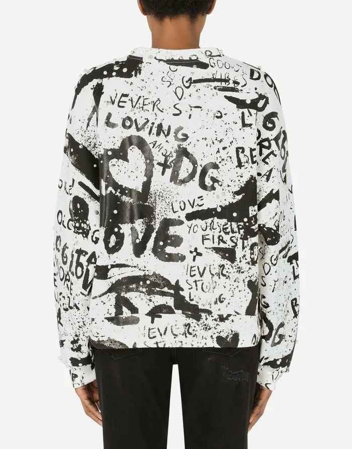 Dolce and Gabbana TShirts And Sweatshirts Women Jersey Sweatshirt With DG Graffiti Print With Pearl And Stud Embellishment Multicolor Dolce and Gabbana TShirts And Sweatshirts Women Jersey Sweatshirt With DG Graffiti Print With Pearl And Stud Embellishment Multicolor