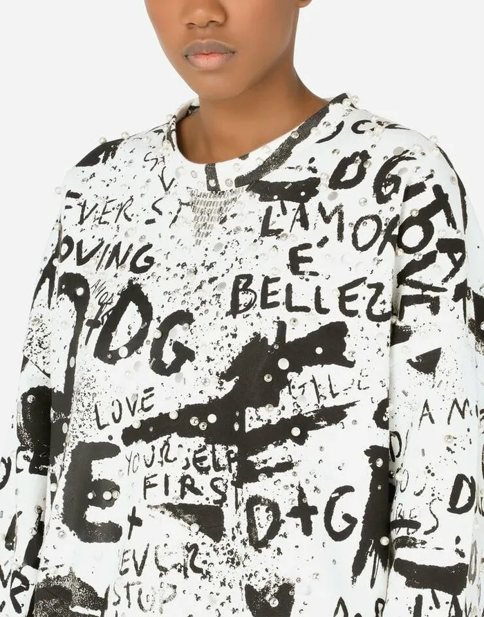 Dolce and Gabbana TShirts And Sweatshirts Women Jersey Sweatshirt With DG Graffiti Print With Pearl And Stud Embellishment Multicolor Dolce and Gabbana TShirts And Sweatshirts Women Jersey Sweatshirt With DG Graffiti Print With Pearl And Stud Embellishment Multicolor