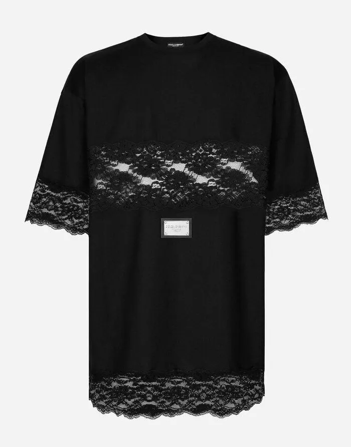 Dolce and Gabbana TShirts And Sweatshirts Women Jersey Tshirt With Lace Inserts And The DolceandGabbana Tag Black Dolce and Gabbana TShirts And Sweatshirts Women Jersey Tshirt With Lace Inserts And The DolceandGabbana Tag Black