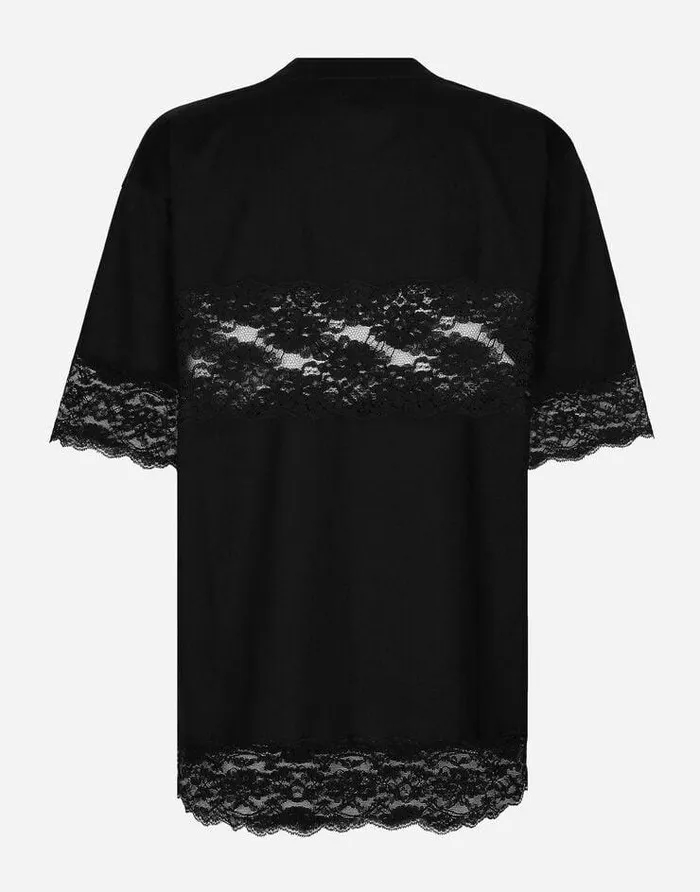 Dolce and Gabbana TShirts And Sweatshirts Women Jersey Tshirt With Lace Inserts And The DolceandGabbana Tag Black Dolce and Gabbana TShirts And Sweatshirts Women Jersey Tshirt With Lace Inserts And The DolceandGabbana Tag Black