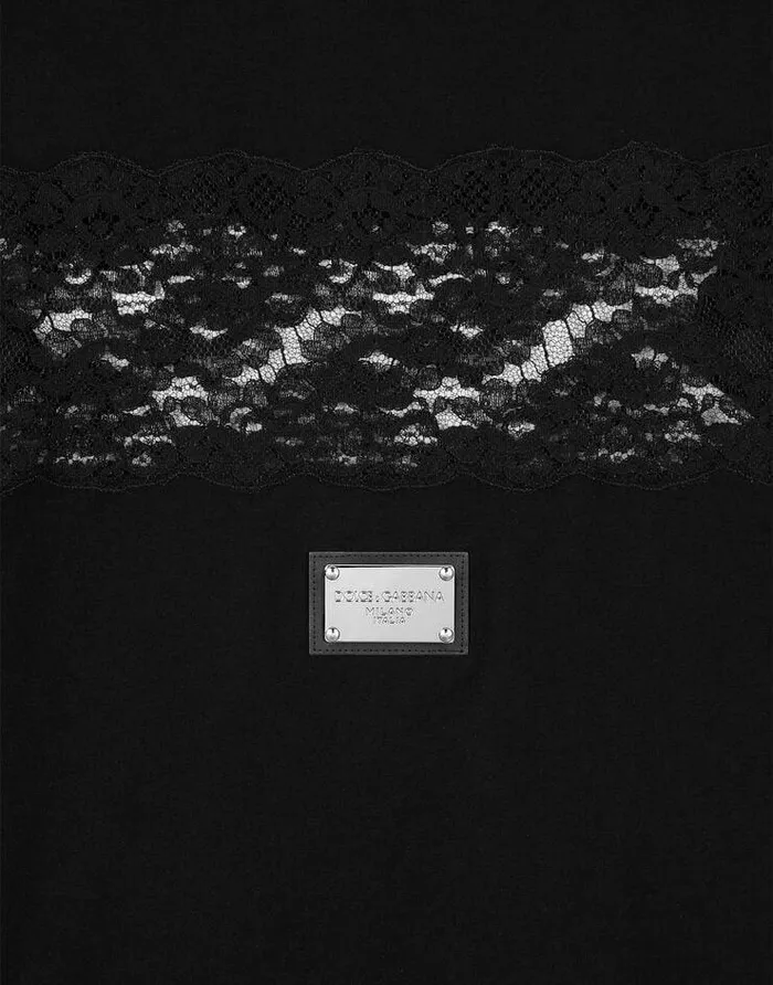 Dolce and Gabbana TShirts And Sweatshirts Women Jersey Tshirt With Lace Inserts And The DolceandGabbana Tag Black Dolce and Gabbana TShirts And Sweatshirts Women Jersey Tshirt With Lace Inserts And The DolceandGabbana Tag Black